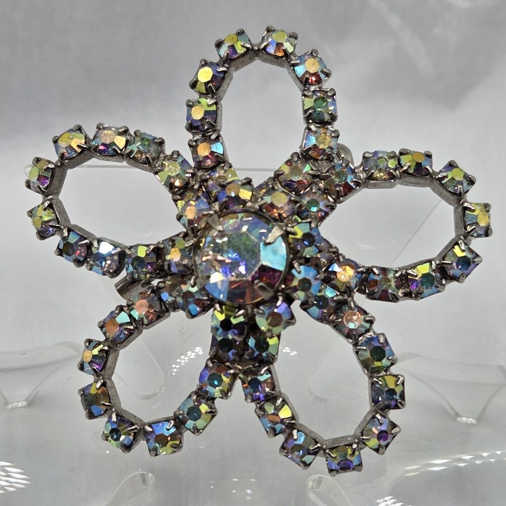 Vintage AB Rhinestone Flower Petal Brooch Silver Tone Unsigned